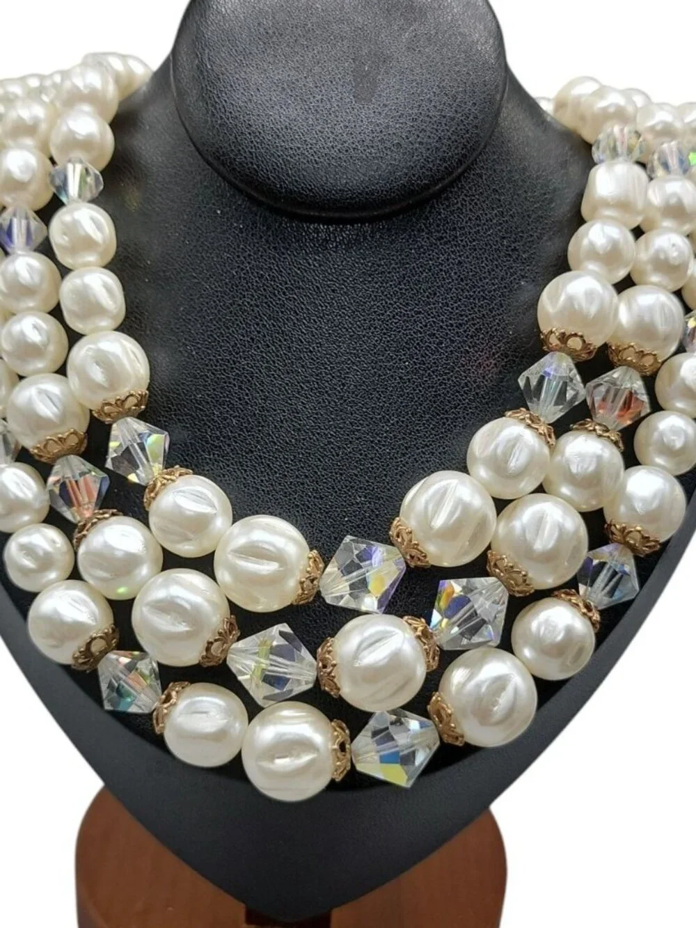 Faux Pearl Choker Multistrand Necklace Aurora Borealis Prism Spacers 16